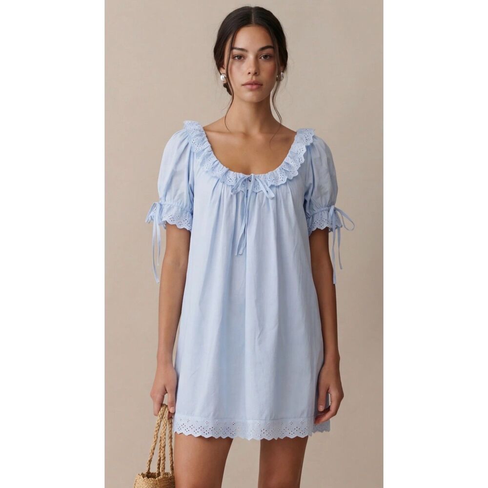Few Moda x kourt Juliet Light Blue Cotton Eyelet Babydoll Dress Women's S NWT